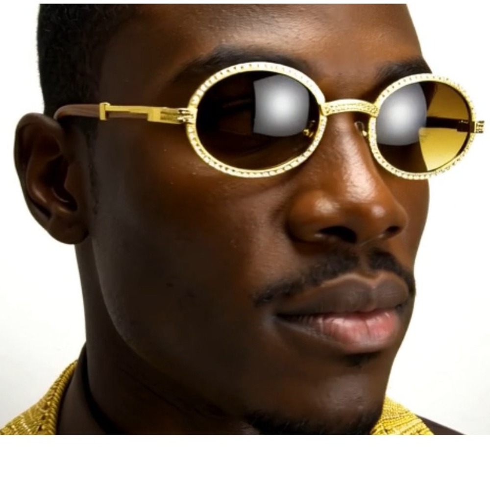 Rhinestone Sunglasses Oval Frame Wood Arm Gold Metal‎ Men's Fashion Street Wear